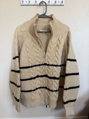 Revolve Women’s Cream Cable-Knit Half-Zip Sweater with Black Stripes